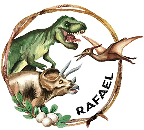 GRAZDesign Wandtattoo Kinderzimmer Junge Dinosaurier, personalisiert mit Namen, Wandsticker Babyzimmer rund, Wandaufkleber Türaufkleber, Dino Dschungel Deko 34x30cm