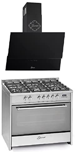 GURARI Gas Elektro Standherd GCH E 911 X+GCH D 268 BL 9 Prime 90 cm/Range Coocker / 89L / 8 Funktionen/Erd-/Propangas + Dunstabzugshaube 90cm/ Schwarz Glas/Saugstark 1000m³/h