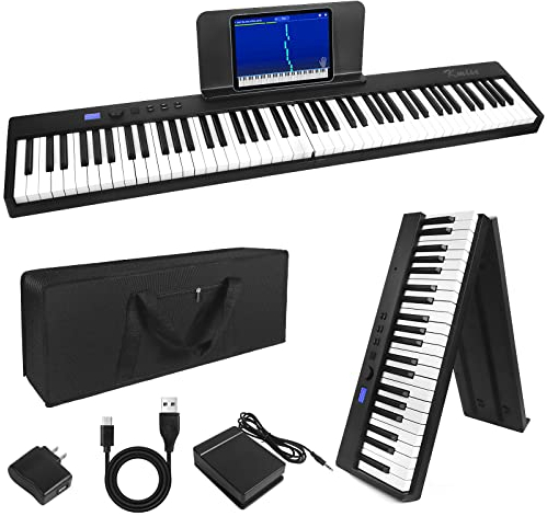 Kmise Klapppiano, Electric Keyboard 88 Tasten Halbgewichtete Digital Keyboard Klavier Bluetooth Faltbare Tastatur mit MIDI Sustain Pedal, Notenblatt Halter, Tragetasche