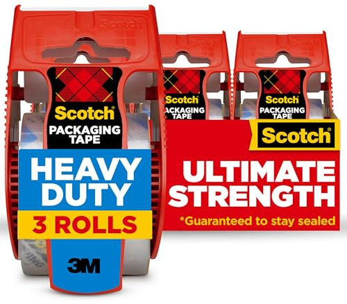 Scotch Cinta de embalaje de envío resistente, transparente, suministros de envío y embalaje, 4,78 cm. x 22,2 yardas, 3 rollos de cinta con dispensadores