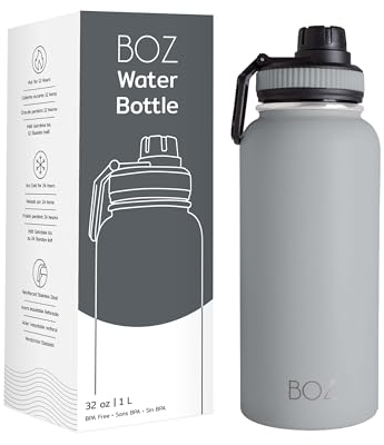 BOZ Stainless Steel Water Bottle 1l, Insulated Water Bottle, Wide Mouth BPA Free 1 Litre Water Bottle, Vacuum Double Wall Metal Water Bottle, Grey Water Bottle