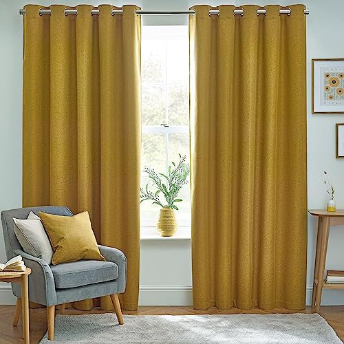 furn. Dawn Textured Blackout Eyelet Curtains – Thermal Lined Pair (Mustard - Width 168 x Drop 137cm)