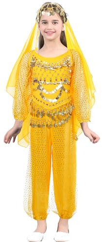 MSemis Mädchen Paillette Bauchtanz Kostüme Kinder Bauchtanz Tanz Tuch Bauchtanz Tänzer Outfit Sets Prinzessin Karneval Cosplay Faschingskostüm Gelb 128-134