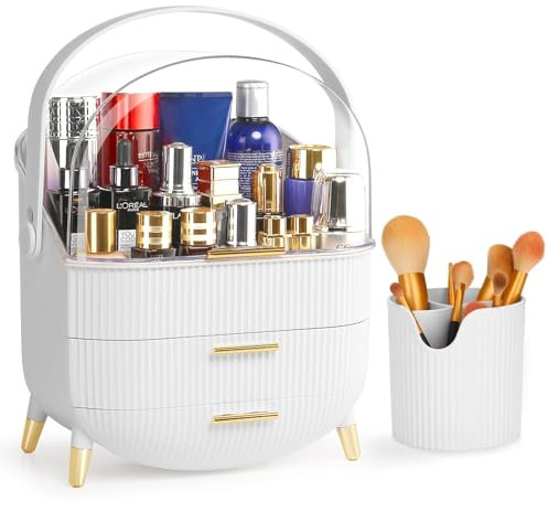 Suyoo Makeup Organiser and Storage + Makeup Brush Holder Clear Cover Cosmetic Display Case with Lid Storage Box Brush Storage Box, Organisers for Bathroom Countertop (White)