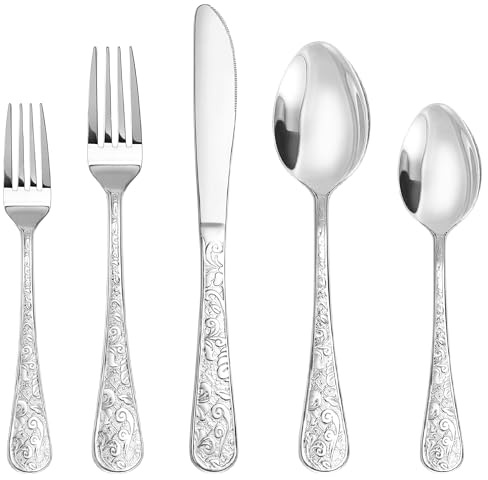 Runfly Vintage Carved Stainless Steel 20 Pieces Flatware Set, Silverware Set, Modern Embossed Cutlery Set Utensils Including Fork Spoon and Knife