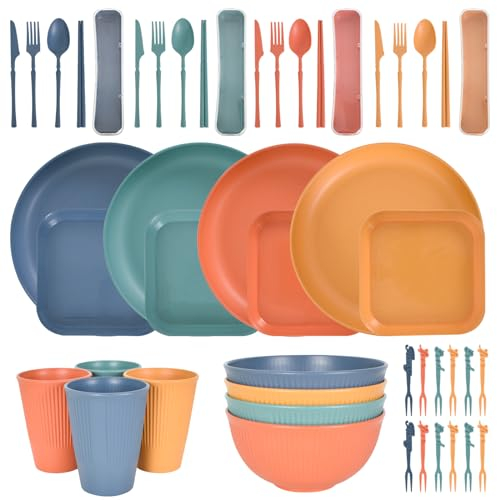 48 Pcs Juego de Vajilla, Reutilizable Vajilla De Plástico para 4 Personas, con Platos Cuencos Tazas Tenedores Cucharas, para Picnic Senderismo Trekking, Apto Para Microondas Y Lavavajillas