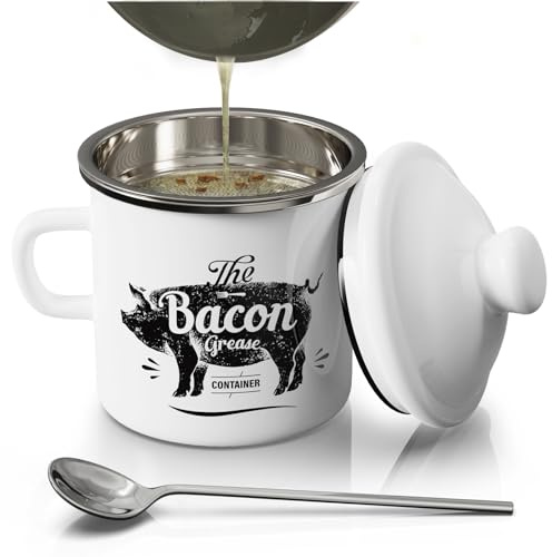PGYARD Mini Bacon Grease Container With Strainer - 15OZ Enamel Grease Saver, Farmhouse Bacon Grease Keeper For Kitchen Fat Storage, Dishwasher Safe-White