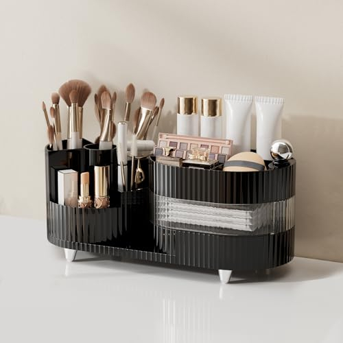 MUUKAIII 360° Drehbarer Organizer, Make Up Pinsel Organizer, Schmink Organizer, Kosmetikregal Kosmetik Organizers für Zimmer Decor Frisiertisch, Schlafzimmer, Badezimmer - Elegant Schwarz