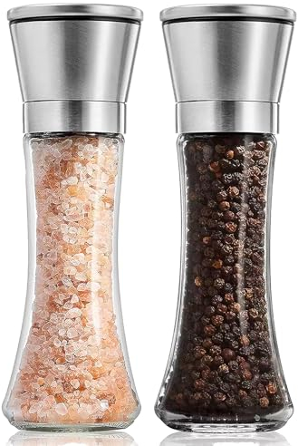Pfeffer Salz Mühlenset, 2er Set Hochwertigem Edelstahl Salzmühle Gewürzmühle Salz-und Pfeffermühle Salzmühle Auch als Chilimühle mit verstellbarem Keramikmahlwerk für Verschiedene Gewürze