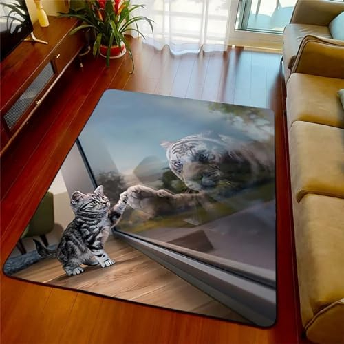 3D Gedruckt Bettvorleger Rutschfeste Area Teppich, Süße Tiere Katze Löwe Tiger Tier 3D Optische Illusion Teppiche Weich Flanell Bodenteppich Wohnzimmer Schlafzimmer Throw Runner Teppiche Low -6I5L7T2V