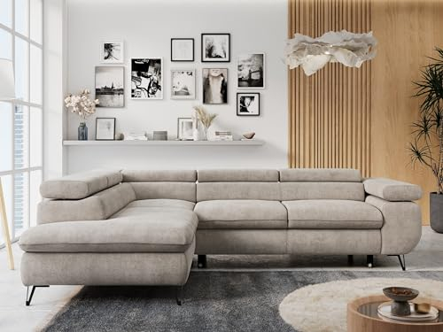 MKS MEBLE Ecksofa Wohnlandschaft L-Form mit Schlaffunktion und Bettkasten, Schlafsofa mit Bettkasten, Sofa mit Einstellbare Kopfstützen, Peter L - Stukture - Links Beige