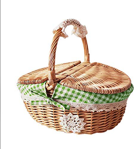 Picknickkorb aus Weidengeflecht mit Deckel und Griff, 9,8 Zoll, Robuster, Gewebter Korpus mit Waschbarem Futter, Picknickkorb in Vintage-Form, Gewebter Weidenkorb aus Raufaser, Handgewebte(Grün)