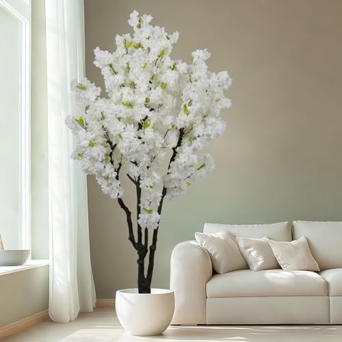 Celestdeco 6ft Tall Cherry Blossom Artificial Tree, Handmade White Cherry Tree, Fake Flower Faux Silk Leaves Plant, Artificial Plants for Home Office Indoor Outdoor Party Wedding Christmas Decor