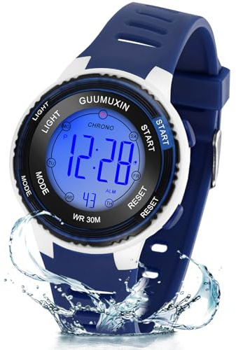 GUUMUXIN Montre numérique de Sport pour Enfants avec indicateur Lumineux 7 Couleurs, écran de Montre en Acrylique, étanche 3 ATM, Montre Bracelet pour Filles et garçons, Bleu foncé