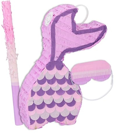 Relaxdays Pinata Meerjungfrau, mit Stab & Maske, Partypinata Kinder, zum Befüllen, HxBxT: 37,5 x 20 x 8 cm, lila/rosa