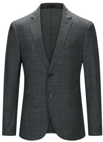 YOUTHUP Mens Check Blazer 2 Buttons Casual Business Slim Fit Suit Jacket Vintage Plaid Formal Jackets, Grey-46, 3XL