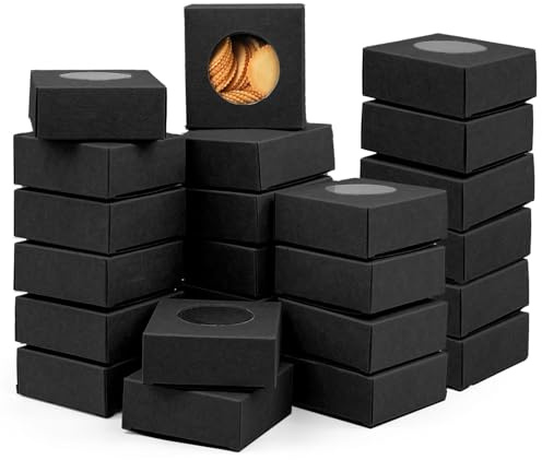 Kaxtde 100 Pcs Black Cookie Boxes with Window, 7.5cm Mini Bakery Boxes | Small Cardboard Cookie Boxes, Clear Window, Flat Packed, for Brownies, Chocolates, Mini Cakes and Party Favours