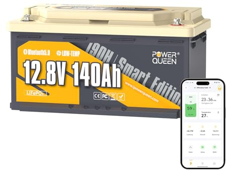 Power Queen 12V 140Ah LiFePO4 Wohnmobil Batterie H190 (DIN H8 L5) | Bluetooth, 150A BMS, 1792Wh Energie en 1920W Vermogen Lithiumbatterijen, Niedrigtemperaturschutz, für Camping, Solarenergie
