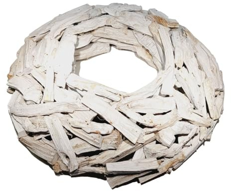 Decpero Großer Holzkranz aus Holzstücken I Ø 40 cm I Weiss gekalkt I Dekokranz