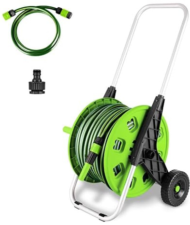 50M Garden Hose Trolley with Hosepipe |48.5m Water Pipe + 1.5m Leader Hose | Spray Gun | Rewind Handle | Tap Connectors | Wheels | Freestanding | Car Pressure Washer Compatible