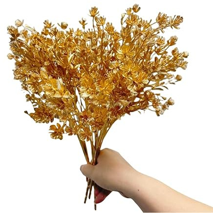 Rikyo Künstliche Pflanze, Goldfarben, 35,6 cm, Tropischer Busch, 4 Bündel, Gypsophila für Innen- und Außenbereich, Hochzeitsdekoration, Blumenkränze, Party, Wanddekoration | Künstliche Blumen, Stiele für Feiertage, Innen- und Außenbereich, Party, Kränze, Hochzeitshintergrund, Bogenwand, 35,6 cm