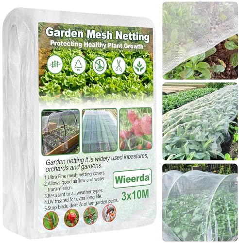 Garden Insect Netting, 3 x 10M - 0.5mm Ultra Fine Mesh GardenNetting for Protection Vegetables Plants Fruits Flowers Crops Greenhouse, Anti Bird Butterfly Net Cover for Outdoor Patio