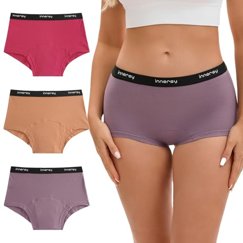 INNERSY Periodenunterschwäsche Leichte Blutung Boxershorts Damen Baumwolle Boyshorts Panties 3 Pack