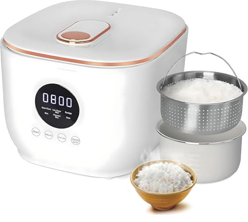 Cuiseur de riz à faible teneur en glucides, petit vapeur de riz polyvalent avec intérieur de glaçure en céramique antiadhésive, 5 fonctions de cuisson et 8H Keep Warm & 24h Delay Timer, amovible