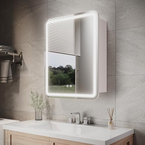 ELEGANT Bathroom Mirror Cabinet with LED Lights, Cream White, 550x700mm | Fully Assembled, Shaver Socket, 3 Colors Dimmable, Demister Pad, Wall Mounted Storage Cabinet, LED Bathroom Mirror Cabinets
