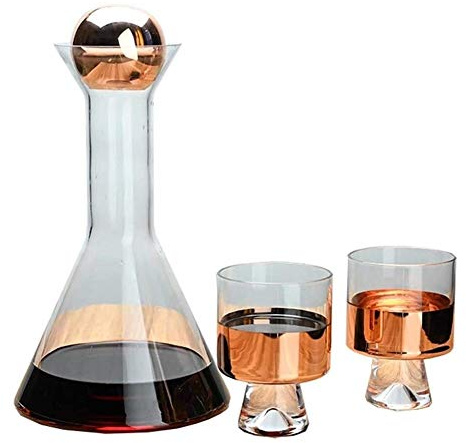 Decanter per vino spesso, Set di decanter in cristallo con bicchieri da vino sfumati fumé da 29,5 cm e 11 cm, coperchio in legno e confezione regalo senza piombo