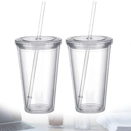 2 stycken återanvändbara hårdplastmuggar med lock och sugrör, 450 ml dubbelväggiga transparent plastmuggar med sugrör återanvändbara festkoppar för fruktjuice smoothie kaffe iskaffe