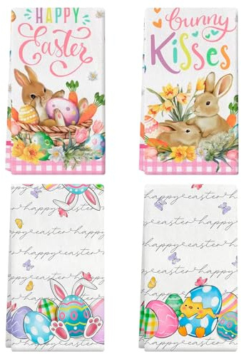Scinzene 4 Stück Geschirrtücher Ostern Set mit Hasen Eier Motiv, 40x60 cm Osterdeko Küchentücher, Oster Geschirrtücher Frühling Deko Küche, Saugfähiges Geschirrtuch Ostern