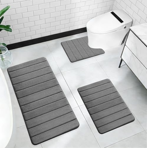 Lot de 3 tapis de bain en mousse à mémoire de forme - En microfibre douce - Tapis de bain en forme de U - Antidérapant et lavable - Pour douche, WC, baignoire - Gris foncé
