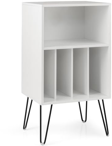 Multigot Record Player Stand, Wooden Vinyl Albums Storage Cabinet Holder with Open Shelves & Metal Legs, Turntable Stand Sofa Side End Table Nightstand for Living Room Bedroom (White)