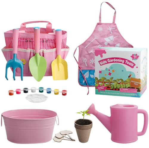 Takingup trädgårdsset för barn, 11 st trädgårdsset för småbarn inkluderar spade, kratta, gaffel, blomkruka, förkläde, vattenkanna och tygväska, färgglad för barn, barnverktyg