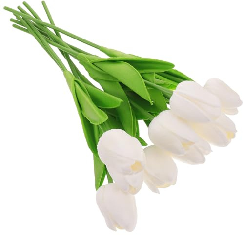 TOYANDONA Bouquet di 10 Pezzi di Tulipani Artificiali in Pu di Colore Bianco, Fiori Finti Decorativi la Casa e Matrimoni, Pianta Finta Resistente e Realistica per Arredamento