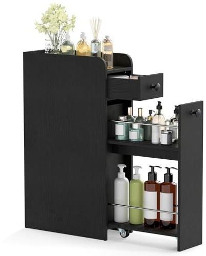 COSTWAY Nischenschrank mit Rollen, Badezimmerschrank mit offener Ablage & 2 Schubladen, Nischenwagen Rollwagen schmal für Badezimmer, Küche & Wäscherei, 18 x 40 x 70 cm (Schwarz)