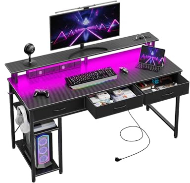 Seventable Schreibtisch mit Schubladen, Computertisch mit Steckdosen & LED, Gaming Tisch mit Monitorständer, Regal & 2 Haken, Gaming Schreibtisch für Büro, Wohnzimmer (Schwarz, 137 cm)