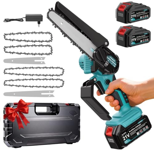 Cexovil Mini Motosega a Batteria, 8000 mAh, 6 e 8 Pollici, Brushless | Motore 800 W, 2 batterie da 4000 mAh, 4 catene, autonomia da 45 a 60 min, lubrificazione a pressione, compatibile con Makita