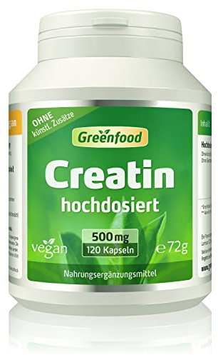Creatin (Creatin Monohydrat), hochdosiert, 500 mg - 120 Kapseln, vegan. Kreatin Kapseln. OHNE künstliche Zusätze, laborgeprüft. Von Greenfood.