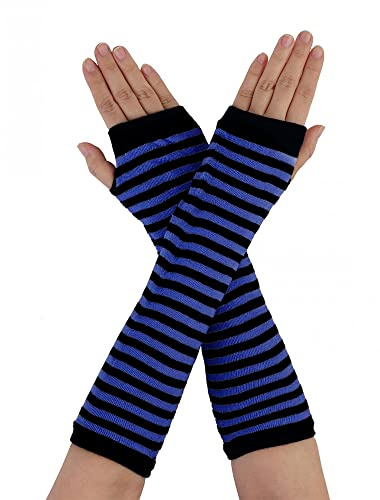sourcing map Women's Fingerless Gloves Printed Elbow Length Knitted Arm Warmers Black Blue One Size