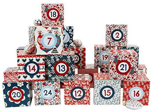 Papierdrachen Adventskalender 2025 zum Befüllen - 24 bunte Hygge-Kartonboxen - DIY Kisten-Set zum Aufstellen & Gestalten