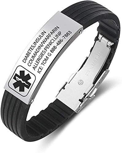 Personalizzata Medico Mettere in guardia Braccialetto per Donne,Silicone Gruppo musicale Emergenza Medico Uomini Braccialetti,Ufficiale ID polsino con Medico Mettere in guardia Badge,inciso ID Testo