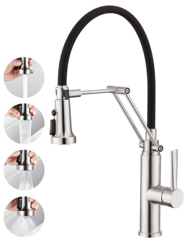 CREA Küchenarmatur mit 4 Wasserstrahlen abnehmbar, Einhebelmischer Armatur Wasserhahn für Küche Spültischarmatur Spülenarmatur faltbar mit Schwarzer flexibler Silikon Weichschlauch, Gebürstet