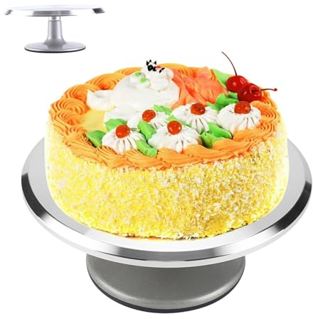 Cake Turntable 12 Inch Aluminium Rotating Cake Decorating Stand with Anti-slip Silicone Mat, Dual Shafts, Quiet Rotation