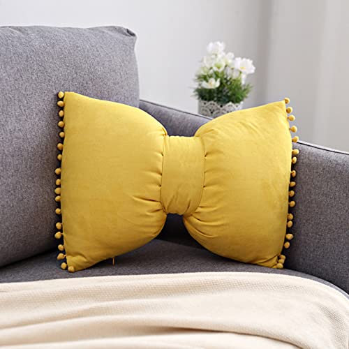 SWECOMZE 35 * 50cm Bowknot Kissen Kissen mit Pompon-Ball Wohnzimmer Mädchen Kissen Büro Nackenkissen Lendenkissen Mädchen Schlafzimmer Kissen Home (Gelb)