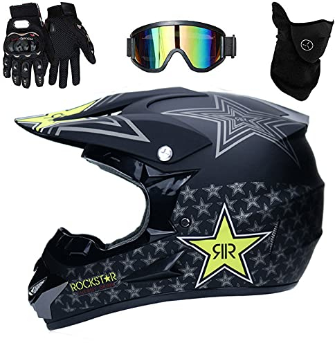 UIGJIOG Motorradhelm,Rockstar Motocross Helm,Helm Kinder,Helmets Kinder-Cross-Helm, Road Helm mit Handschuhe Maske Brille, ATV Helm MTB,Schwarz,S(52~53cm)