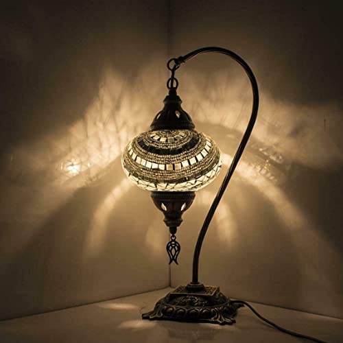 ENVA Turkish Moroccan Mosaic Table Lamp - Handmade Glass Swan Neck - Multi-Colored - Metal & Glass - 17.3 H x 17.3 W - LED Bulb Included - Indoor Use Only