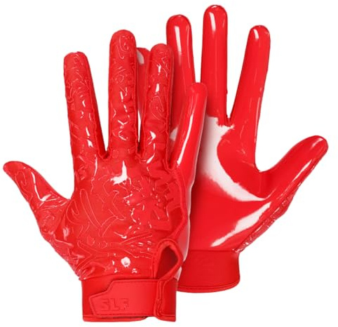 SLEEFS Youth Football Gloves for Boys and Girls, Red Sticky Receiver Flag Football Gloves for Youth, Adult Men or Women, Stretch Fit, No Slip, Perfect Grip, Machine Washable, Small