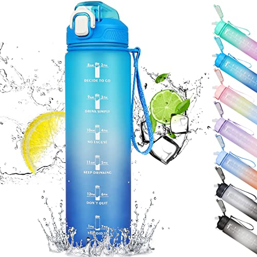 CodiCile Trinkflasche 1L,Trinkflasche mit Strohhalm und Zeitmarkierung, auslaufsichere 1L Wasserflasche mit Deckel, BPA-freie Trinkflasche sport für Sport, Büro, Fahrrad, Laufen (blauer)